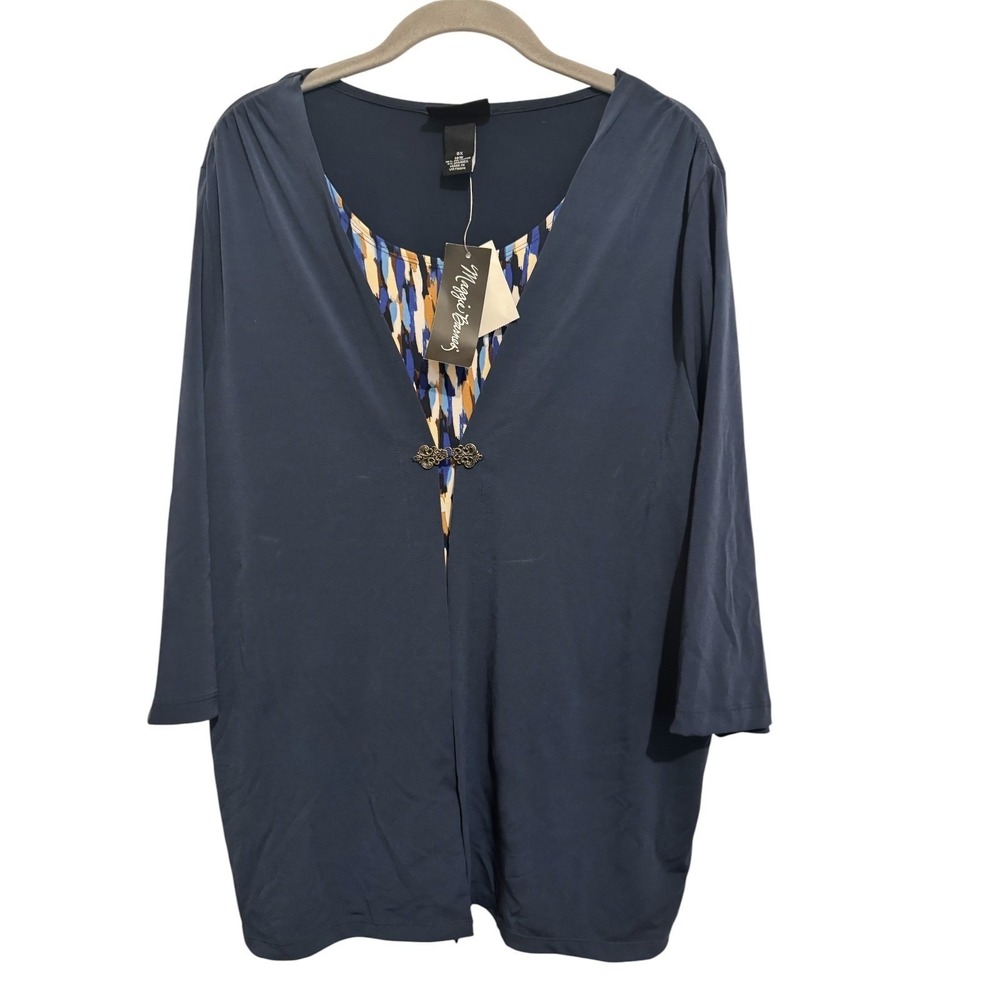 Maggie Barnes Layered Top Women's OX (16W) Blue Print Cardigan Office Workwear